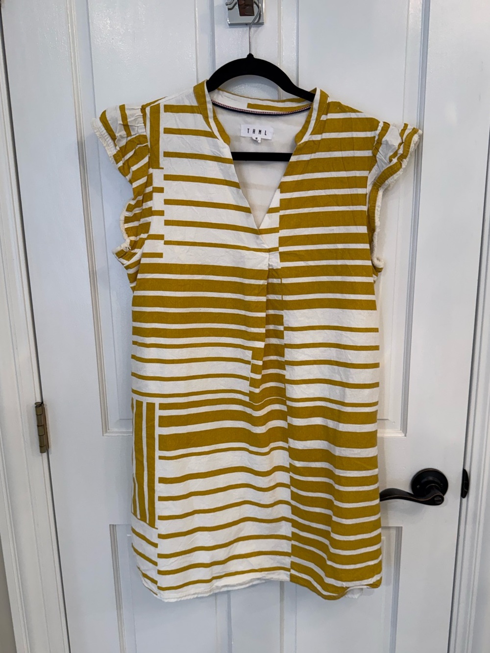 THML Striped V-Neck Mini Dress - Mustard & White